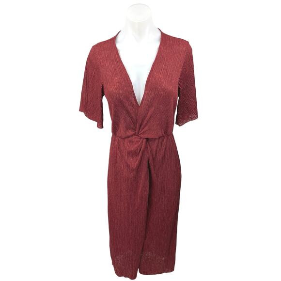 Lush Women's Red Twist Knot Front Short Sleeve V-Neck Midi Wrap A-Line Dress S - Picture 1 of 5